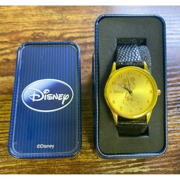 Walt Disney Mickey Mouse MCK168 30.5MM Gold Tone Leather Strap Watch w/ Box! 123 - Picture 1 of 8